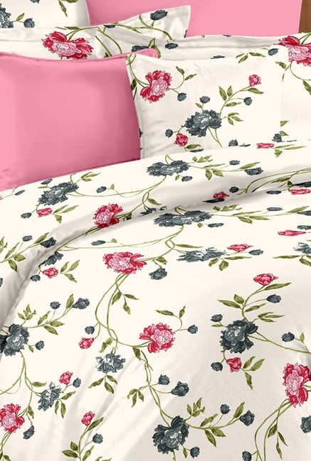 Buy Ahmedabad Cotton Cream Pink Floral Double Duvet Cover Set