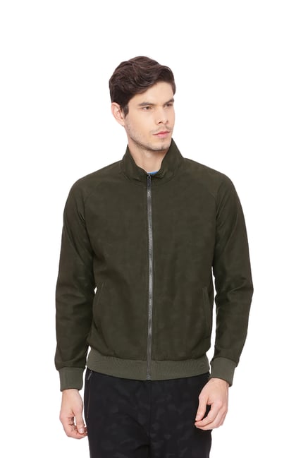 Basics Green Self Design Mock Collar Jacket
