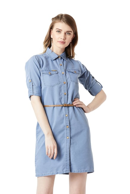 Miss Chase Blue Cotton Shirt Dress Price in India