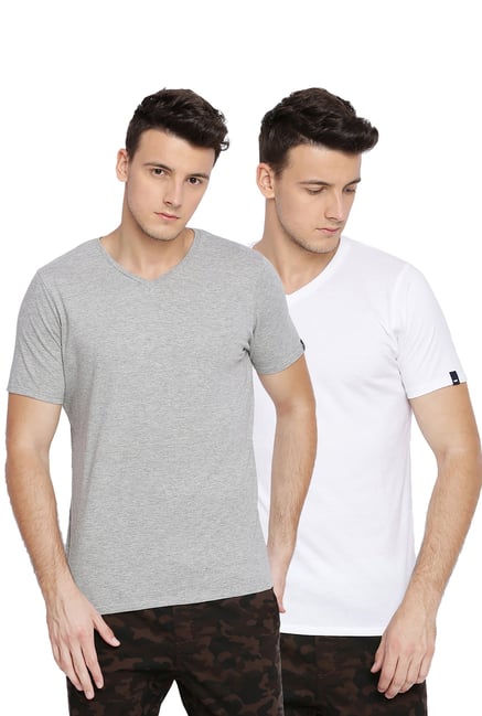 Buy Basics White & Grey V Neck T-Shirt - Pack of 2 for Men's
