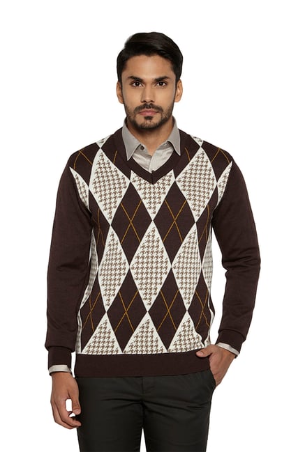 Buy Raymond Brown Regular Fit Full Sleeves Checks Sweater for Men ...