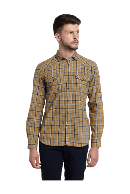 Parx Yellow Checks Slim Fit Cotton Shirt