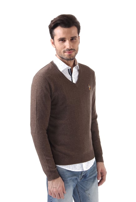 Buy U.S. Polo Assn. Brown V-Neck Solid Sweater for Men Online @ Tata CLiQ