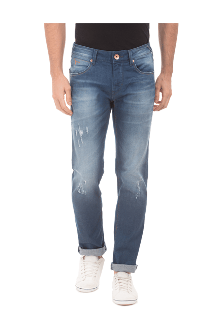 Flying Machine Blue Slim Fit Distressed Jeans