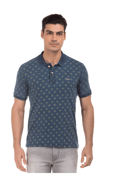 Flying Machine Blue Printed Cotton Polo T-Shirt