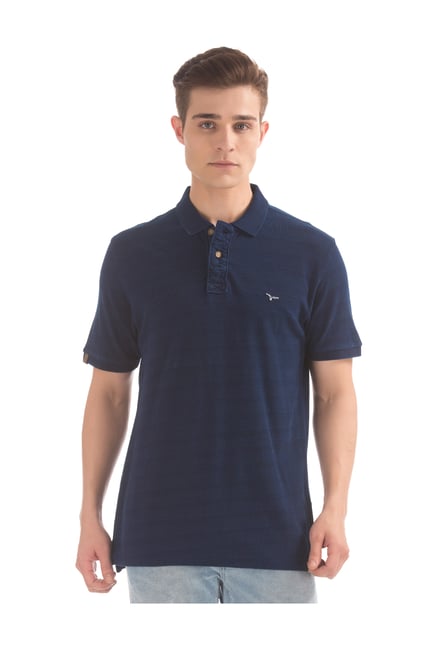 Flying Machine Dark Blue Textured Cotton Polo T-Shirt