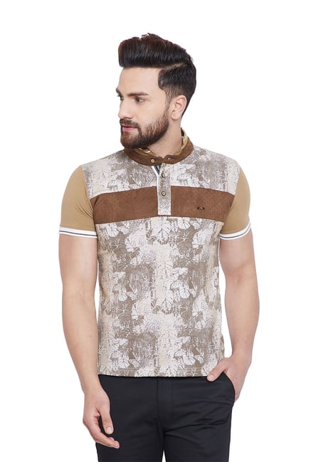 Buy Duke Brown White Regular Fit Mandarin Collar T-Shirt for Men