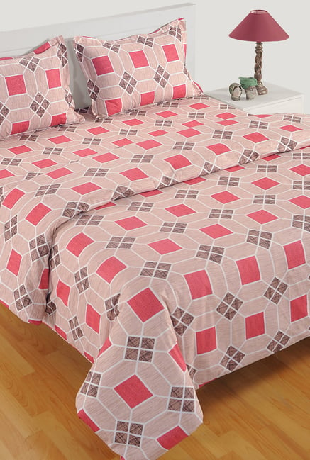 Buy Swayam Red Pink Geometric Cotton Double Bed Linen Set Online