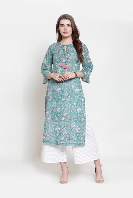 Varanga Beige & Blue Cotton Floral Print Kurti Palazzo Set Price in India,  Full Specifications & Offers | DTashion.com