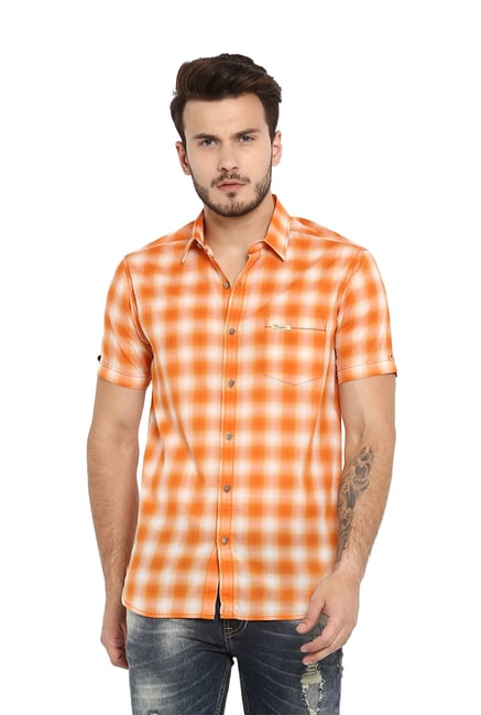 Mufti Orange Half Sleeves Cotton Shirt 