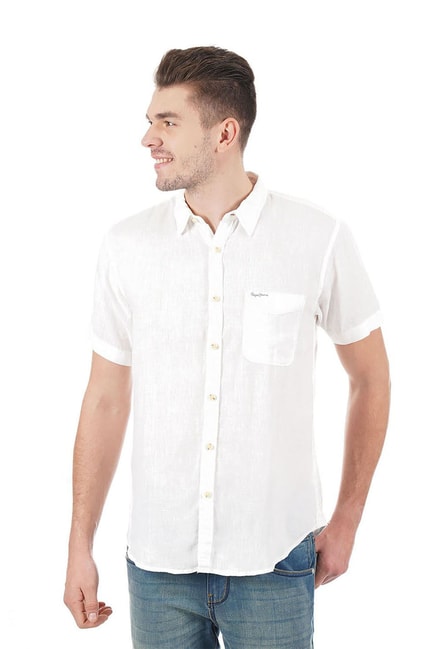 Buy Pepe Jeans White Half Sleeves Linen Shirt For Men Online Tata Cliq
