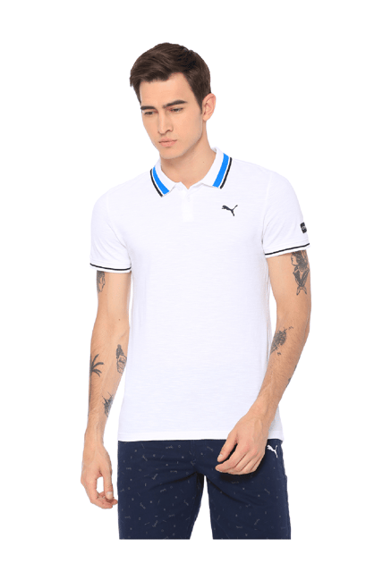 Buy Puma White Logo Print Cotton Polo T Shirt For Men Online