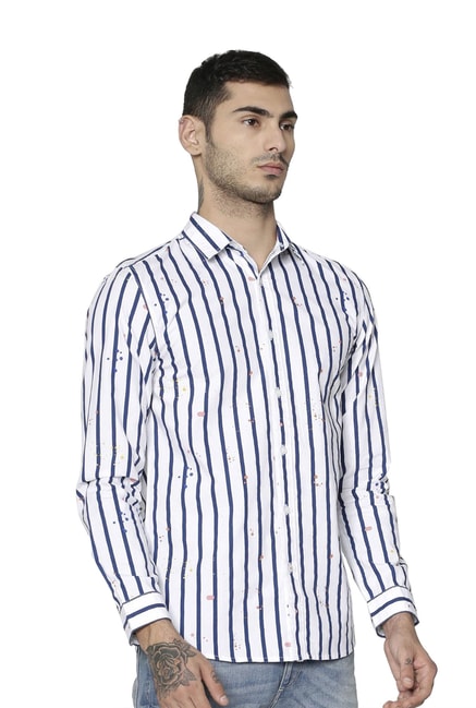Buy Jack & Jones White & Blue Striped Cotton Shirt for Men Online ...