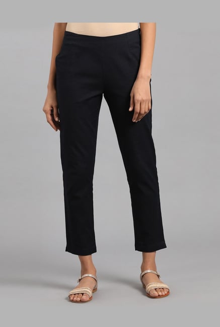 W Navy Cotton Elasticated Trousers