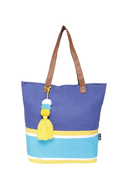 Kanvas Katha Blue Yellow Tassel Canvas Tote