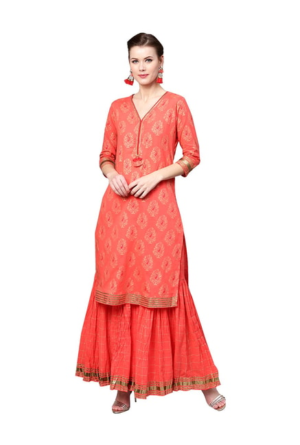 Ishin Red Cotton Paisley Printed Kurti Sharara Set Price in India