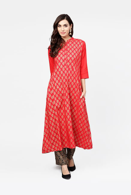 Aasi - House of Nayo Red & Black Cotton Printed Kurti Palazzo Set