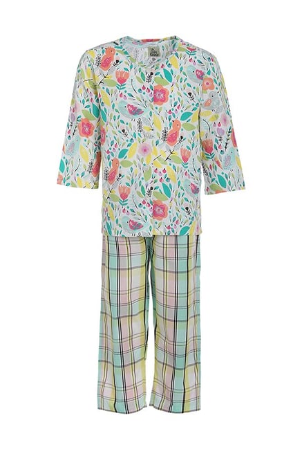 A Little Fable Kids White & Green Floral Print Night Suit