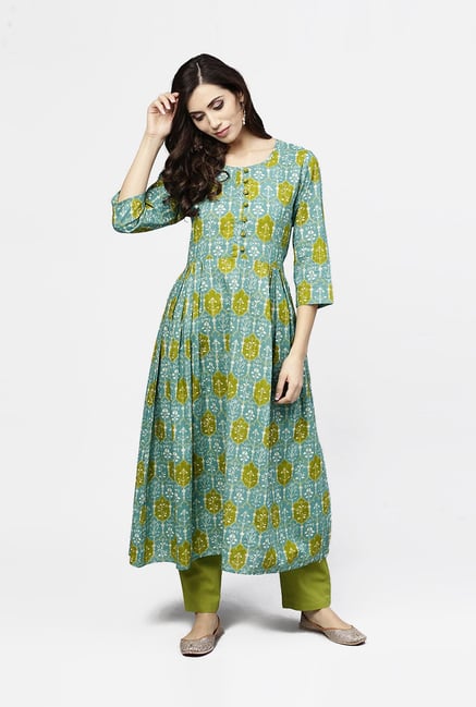 Aasi - House of Nayo Green Cotton Printed A Line Kurti