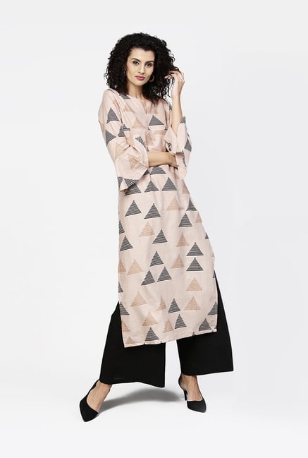 Aasi - House of Nayo Beige & Black Cotton Geometric Printed Kurti Palazzo Set