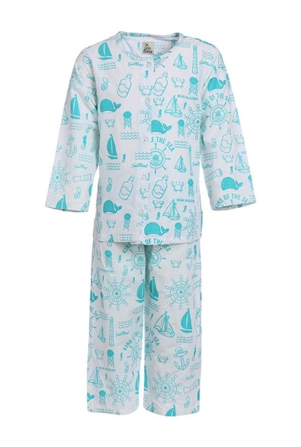 A Little Fable Kids White & Turquoise Printed Night Suit