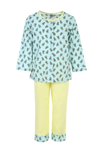 A Little Fable Kids Mint Green & Yellow Printed Night Suit