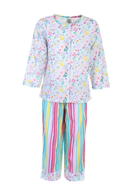 A Little Fable Kids White & Purple Floral Print Night Suit