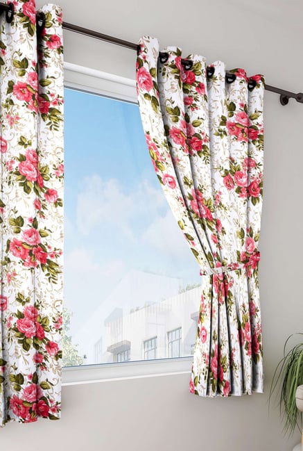 Buy Swayam White Pink Floral Faux Silk Window Curtain Set Of 2