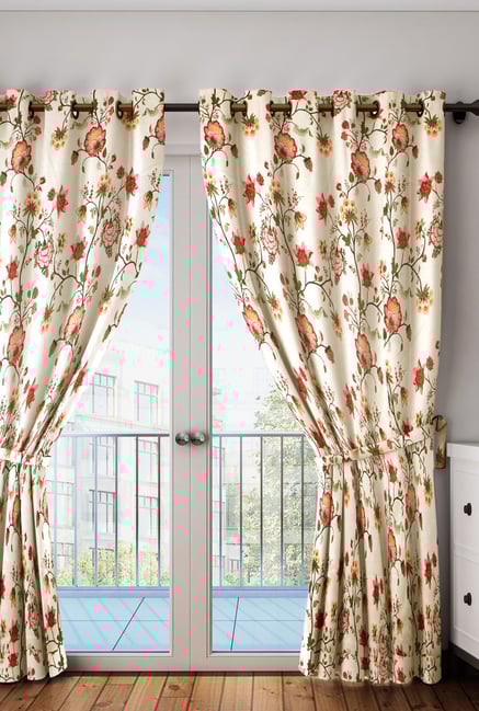 Buy Swayam Cream Pink Floral Faux Silk Door Curtain Set Of 2