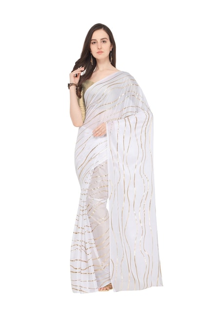 Ishin White Printed Saree With Blouse Price in India
