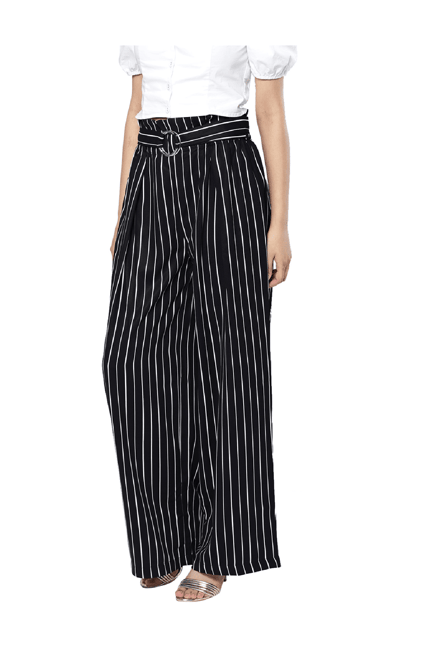 Buy AND Black Mix Striped Straight fit Viscose Womens Casual Wear Trousers   Shoppers Stop