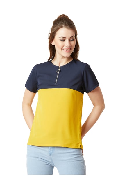 Miss Chase Yellow & Navy Round Neck Top Price in India