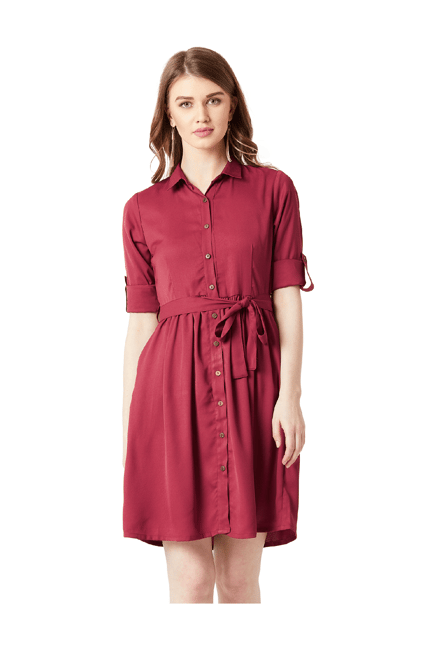 Miss Chase Maroon Above Knee Shirt Dress Price in India