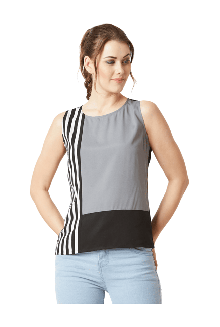 Miss Chase Grey & Black Striped Top