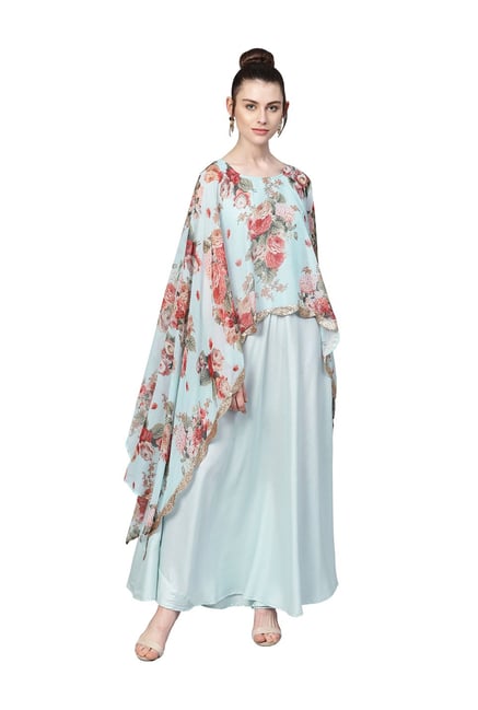 Buy Ahalyaa Sky Blue Floral Print A Line Kurti for Women Online