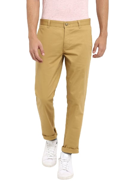 MEN KHAKI 100% COTTON COMFORT TAPERED FIT LOW RISE TROUSERS