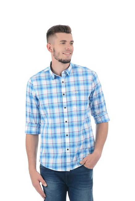 blue check shirt with jeans
