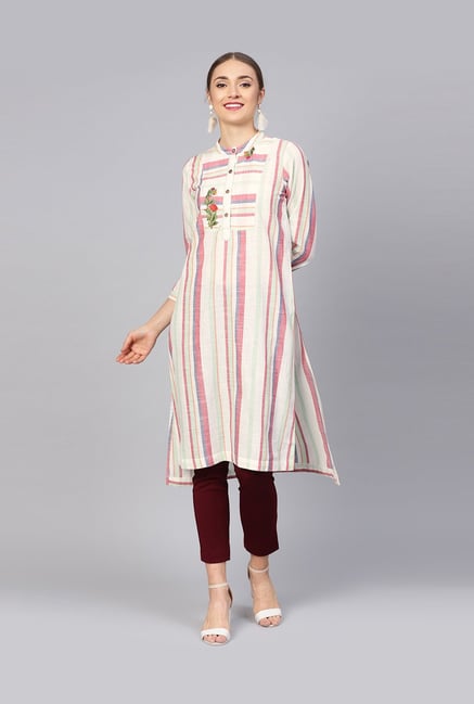 Jaipur Kurti Cream Cotton Embroidered High Low Kurti