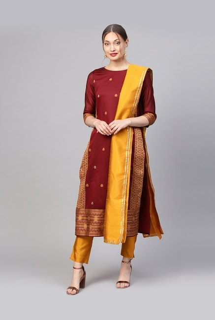 Maroon Color Banarasi Silk Kurti Set