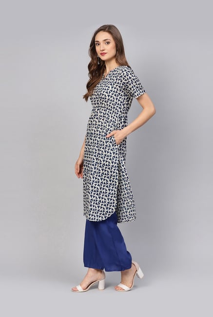 Buy Jaipur Kurti Off-White & Blue Geometric Print Kurti Palazzo Set for ...