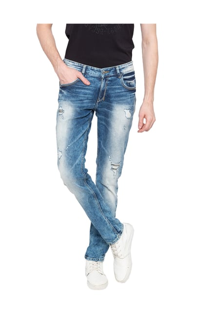 Spykar Mid Blue Tattered Skinny Fit Low Rise Jeans