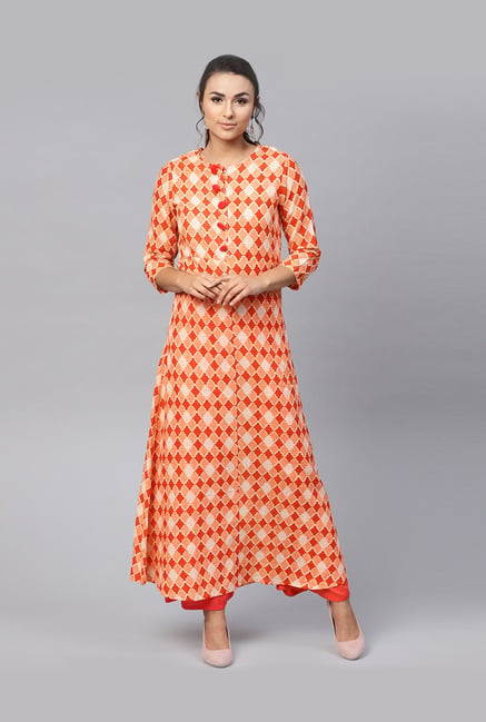 Jaipur Kurti Orange Cotton Printed A Line Kurti Price in India