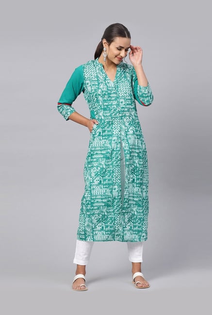 Jaipur Kurti Green & White Cotton Printed Kurti Pant Set