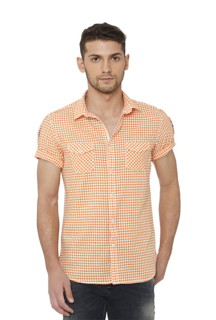 Buy Mufti Orange White Half Sleeves Checks Shirt Online At Best Prices Tata Cliq