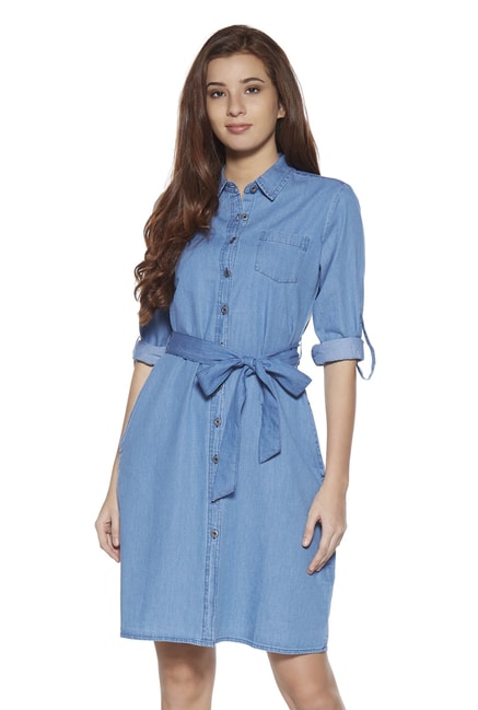 Buy Zudio Blue Denim Shirtdress With Belt for Women Online @ Tata CLiQ