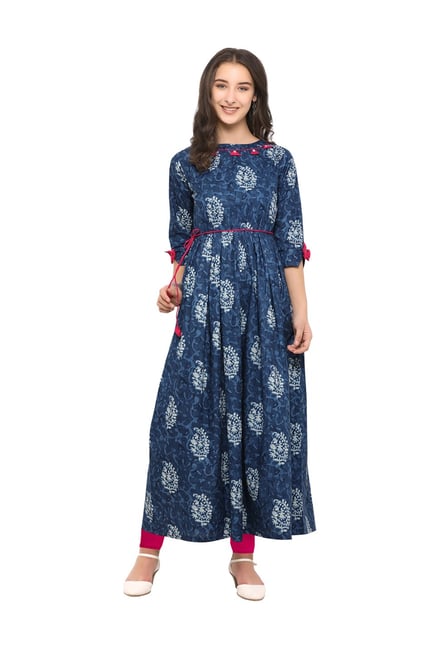 Inddus Navy Cotton Printed A Line Kurti