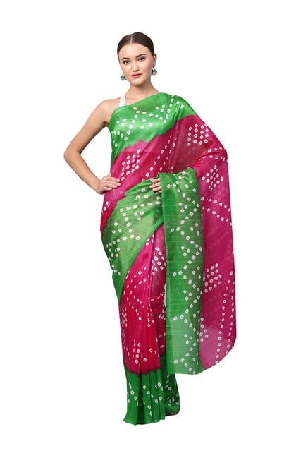 Ishin Pink & Green Printed Saree With Blouse