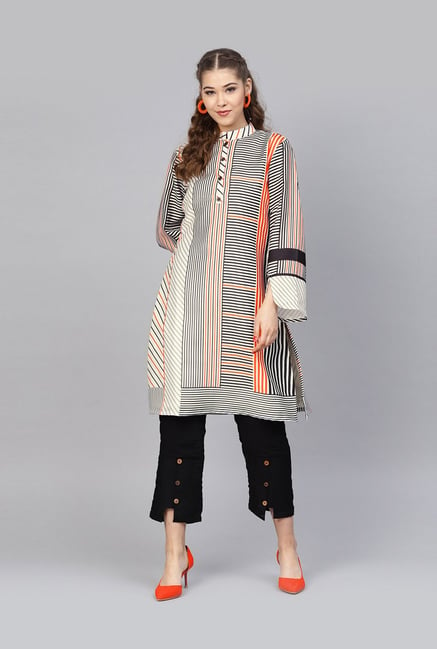 Inddus Cream & Black Striped Kurti Pant Set