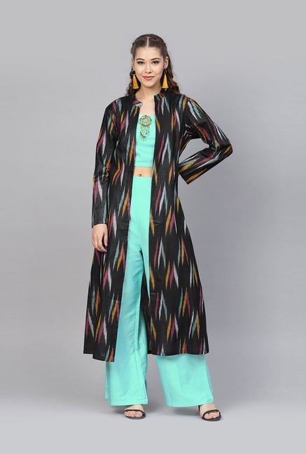 Inddus Green & Black Cotton Printed Top Palazzo Set With Jacket