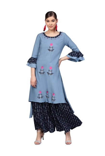 Ishin Blue Embroidered Kurti Sharara Set Price in India
